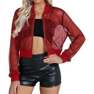 🆕Womens Red Sheer Mesh Sparkly Crop Bomber Jacket Glitter Rave Outfit